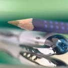 Ein Buntstift und ein Kugelschreiber vor unschaften grünen Hintergrund