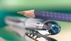 Ein Buntstift und ein Kugelschreiber vor unschaften grünen Hintergrund